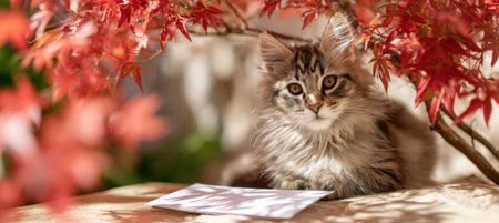 A fluffy long-haired kitten sits under a miniature tree with vibrant red leaves. Bright sunlight casts shadows on a blank paper, creating a serene and picturesque scene.の素材
