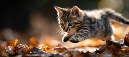 A playful tabby kitten leaps over a small pile of autumn leaves in a park, captured in sharp focus. The bright sunlight enhances the warm colors of the scene.の素材