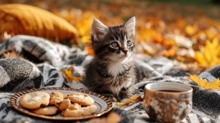 A cute kitten sits beside a plate of cookies and a cup of hot chocolate on a cozy blanket. The scene is set against a backdrop of vibrant fall colors in a park, creating a warm, inviting atmosphere.の素材