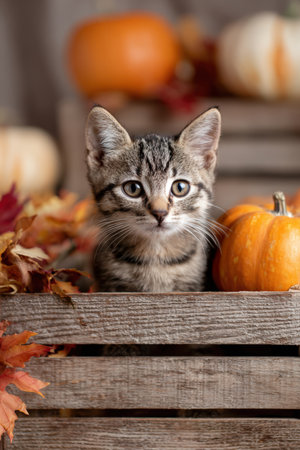 A cute tabby kitten sits inside a wooden crate surrounded by pumpkins and autumn leaves. The neutral background and open left side provide space for bold sale typography.の素材