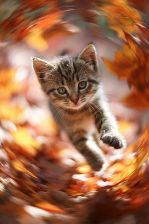 A playful kitten energetically jumps through a swirl of autumn leaves, captured with vivid fall colors and motion blur under natural light, creating a dynamic and lively scene.の素材