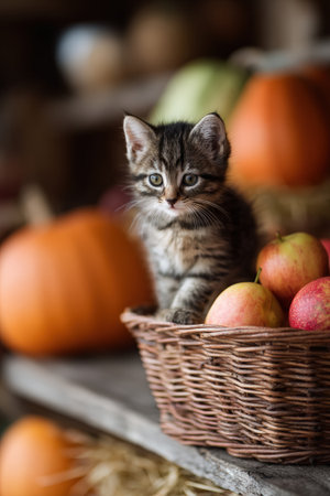 A small kitten perches on the edge of a wicker basket filled with apples, with pumpkins in the background, creating a charming rustic farm aesthetic.の素材