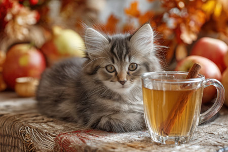A fluffy kitten rests beside a glass mug of hot apple cider with a cinnamon stick, set against a blurred autumn-themed background featuring apples and leaves.の素材