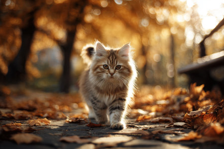 A fluffy kitten walks along a leaf-covered path in a city park, surrounded by golden autumn trees and warm afternoon light, creating a serene and photorealistic scene.の素材