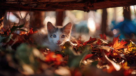 A playful kitten peeks from behind a pile of autumn leaves near a park gazebo. Sunlight filters through trees, casting warm, vibrant colors in this serene outdoor scene.の素材