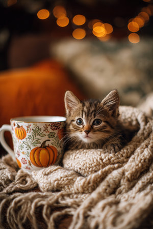 A cute kitten snuggles inside a wool blanket on a couch, accompanied by a pumpkin-themed tea mug. The warm tones and soft bokeh background create a cozy home atmosphere.の素材