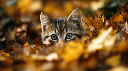 Adorable kitten with perked ears peeks through a pile of golden autumn leaves in the forest, creating a humorous and cute seasonal vibe. Only its eyes and ears are visible.の素材