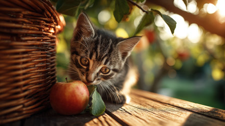 A cute kitten gently bites a leaf attached to an apple, with a wicker basket nearby in a sunlit orchard setting. The warm, golden light enhances the serene and playful atmosphere.の素材