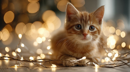 A ginger kitten with a curious expression sits under warm fairy lights. The blurred background offers ample copy space, perfect for special offers or festive promotions.の素材