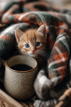 A cute kitten nestled in a wool basket, surrounded by a plaid blanket and a ceramic mug. The indoor setting features warm autumn tones, creating a cozy and inviting atmosphere.の素材