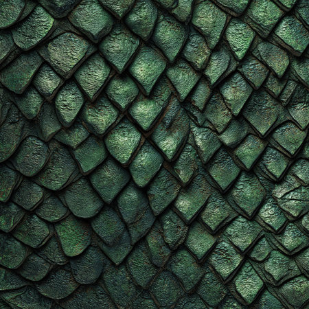 Realistic seamless pattern of alligator skin featuring rough, textured scales in dark green tones. Ideal for backgrounds, textiles, and design projects requiring a rugged style.の素材