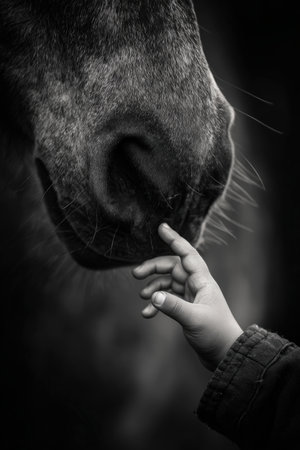A close-up image captures a child's small hand reaching to touch a horse's muzzle, highlighting the emotional contrast in scale and tenderness between the two subjects.の素材