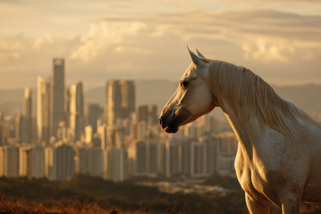 A photorealistic portrait of a white horse standing before a modern city skyline during golden hour, symbolizing the harmony between nature and urban progress.の素材