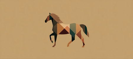 Elegant abstract horse design using negative space and geometric shapes on a solid tan background. The clever use of shapes creates a modern and artistic visual appeal.の素材