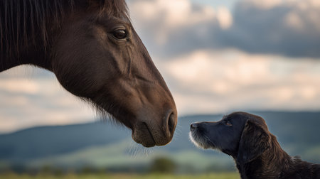 A mare and a dog gently interact nose-to-nose in an open field, with rolling clouds in the background, creating a serene and peaceful scene of interspecies friendship.の素材