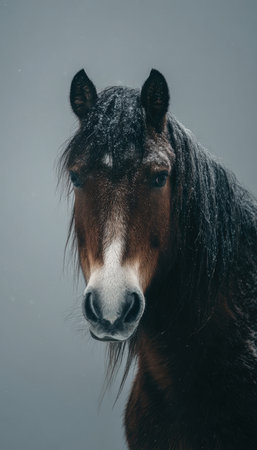 A horse stands peacefully with snow gently covering its mane against a solid grey background, evoking a tranquil and reflective winter atmosphere.の素材