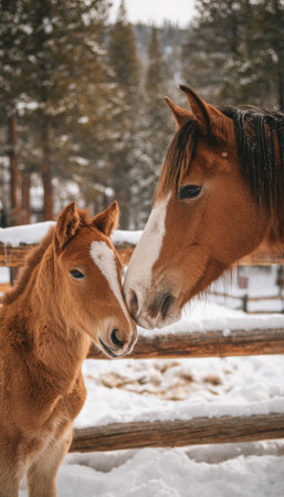 A foal and mare gently nuzzle in a snow-covered stable yard, surrounded by a wooden fence and pine trees. The scene is illuminated by soft, warm winter lighting.の素材