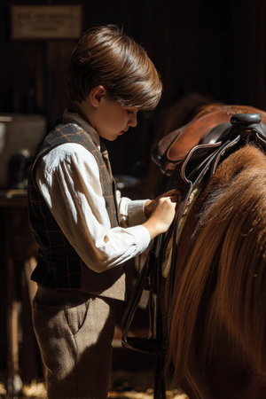 A young boy helps a stable hand saddle a horse, captured from the side in warm natural lighting. The scene conveys a sense of learning and responsibility in a stable setting.の素材