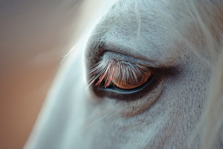 A detailed macro shot capturing the elegance of a white horse's eyelashes in sharp focus, set against a softly blurred warm background, evoking emotion and grace.の素材