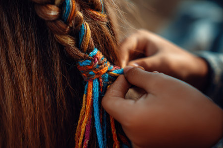 A child gently braids a horse's mane using colorful ribbons, highlighting the playful and caring interaction. The focus is on the hands and the intricately braided hair.の素材
