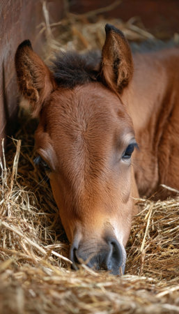 A close-up image of a baby horse lying down in hay inside a wooden stable. The foal appears sleepy and secure, creating a warm and comforting atmosphere.の素材