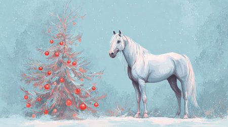 A serene winter scene featuring an elegant white horse standing next to a pine tree adorned with red ornaments. Snow gently falls against a soft blue gradient background.の素材