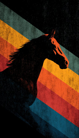 Stylized horse silhouette with rainbow gradient stripes in a 1970s retro style. Features a grainy, faded poster look, evoking a vintage and nostalgic aesthetic.の素材