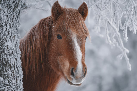 A photorealistic close-up of a chestnut horse covered in snowflakes, standing beside a frosty tree. The image captures the detailed texture of the horse's fur and the surrounding snow.の素材