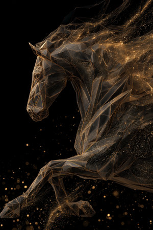Digital artwork depicting a horse made from golden geometric shards, running through a black void with glowing particles. The image is futuristic and elegant, showcasing dynamic motion.の素材