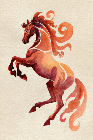 A stylized horse in mid-gallop with a fiery mane, created using traditional Chinese watercolor techniques on a soft cream background, showcasing dynamic movement and vibrant colors.の素材