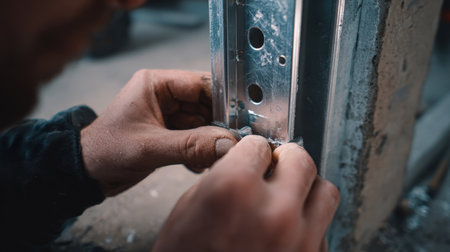 Close-up first-person view of hands adjusting a metal door frame in a wall opening, focusing on precise alignment and installation in a construction setting.の素材