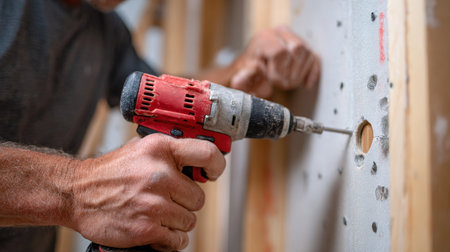 Close-up first-person perspective of hands using a power screwdriver to secure a drywall panel into wooden studs at a construction site. Focus on tool and craftsmanship.の素材