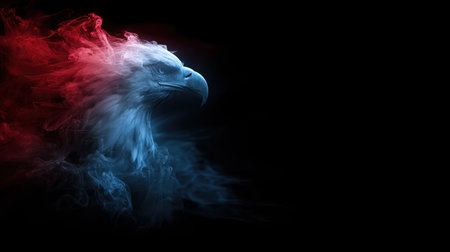 A stylized abstract eagle silhouette composed of red, white, and blue smoke against a dark gradient backdrop. The modern and dramatic design creates a striking visual impact.の素材
