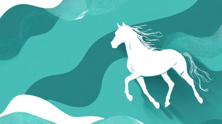 A minimalist illustration of a horse silhouette galloping across a turquoise background with abstract white shapes. Ideal for website headers and modern design projects.の素材