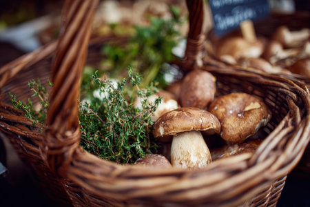 A wicker basket filled with fresh seasonal mushrooms and herbs, showcasing a rustic and natural harvest. The image highlights the earthy textures and vibrant greenery.の素材