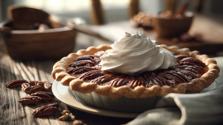 Photorealistic close-up of a freshly baked pecan pie topped with whipped cream, styled on rustic wooden tableware. The setting enhances the pie's rich texture and inviting appearance.の素材