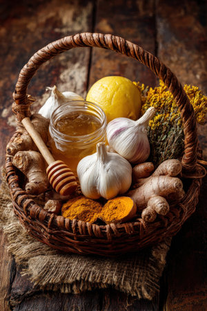 A rustic basket filled with immune-boosting ingredients including garlic, ginger, turmeric, honey, lemon, and herbs. Perfect for natural health and wellness concepts.の素材
