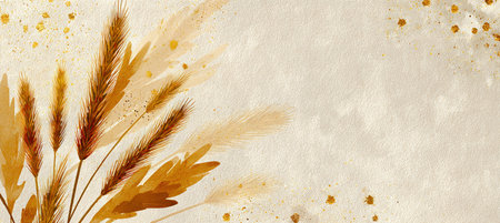 Elegant Thanksgiving greeting card featuring abstract golden wheat patterns on a textured ivory background. Perfect for seasonal celebrations and festive decor.の素材