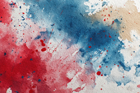 Abstract Watercolor Splashes in Red, Blue, and Neutral Tones on Textured Paperの素材