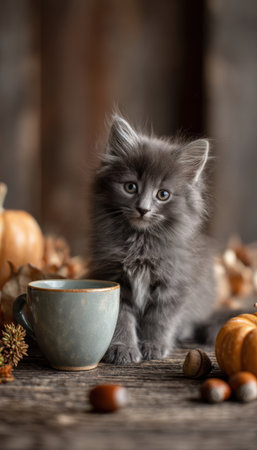 Fluffy Gray Kitten with Coffee Cup in Rustic Autumn Settingの素材