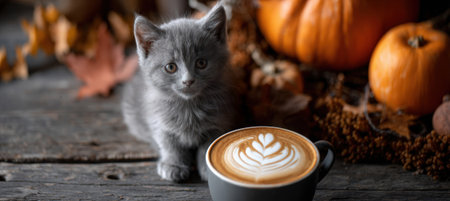 Gray Kitten by Latte Art Cup on Rustic Table with Pumpkins and Leavesの素材