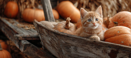 Ginger Kitten in Rustic Wheelbarrow with Pumpkins, Space for Textの素材