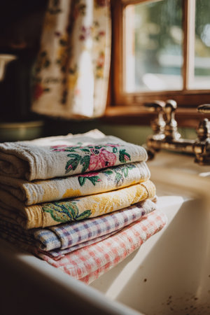 Stack of Vintage Dish Towels with Floral and Gingham Patterns by Retro Sinkの素材