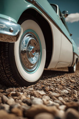 Close-up of Classic Car Tire with Whitewall and Chrome Hubcap on Gravelの素材