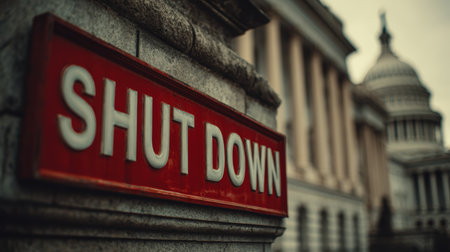 Red "SHUT DOWN" Sign Against Capitol Architecture in Cinematic Styleの素材