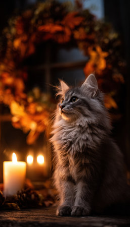 Fluffy Gray Kitten in Candlelight with Autumn Wreath Backgroundの素材