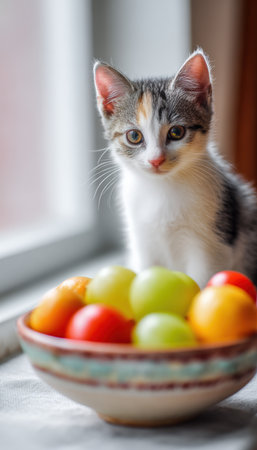 Adorable Kitten with Perked Ears Next to Ceramic Bowl of Seasonal Fruitsの素材