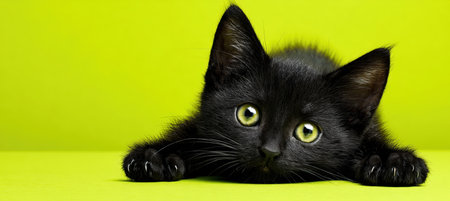 Black Kitten Lying on Neon Green Background with Bold Color Contrastの素材