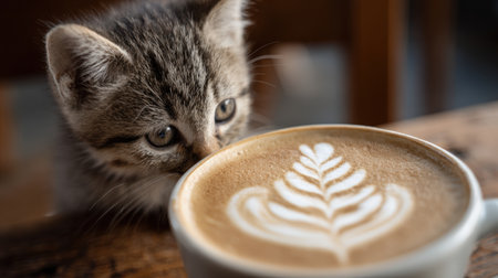Curious Kitten Peering into Cappuccino with Latte Art in Cozy Cafeの素材