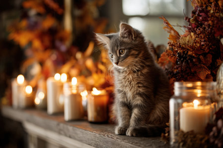 Kitten Sitting by Candles on Fall-Themed Mantleの素材
